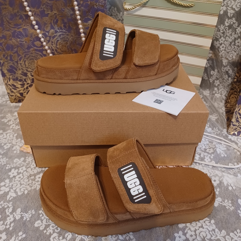 UGG GREER Platform Slide Sandal Suede Leather Strap Open Toe Summer Shoes Size 8